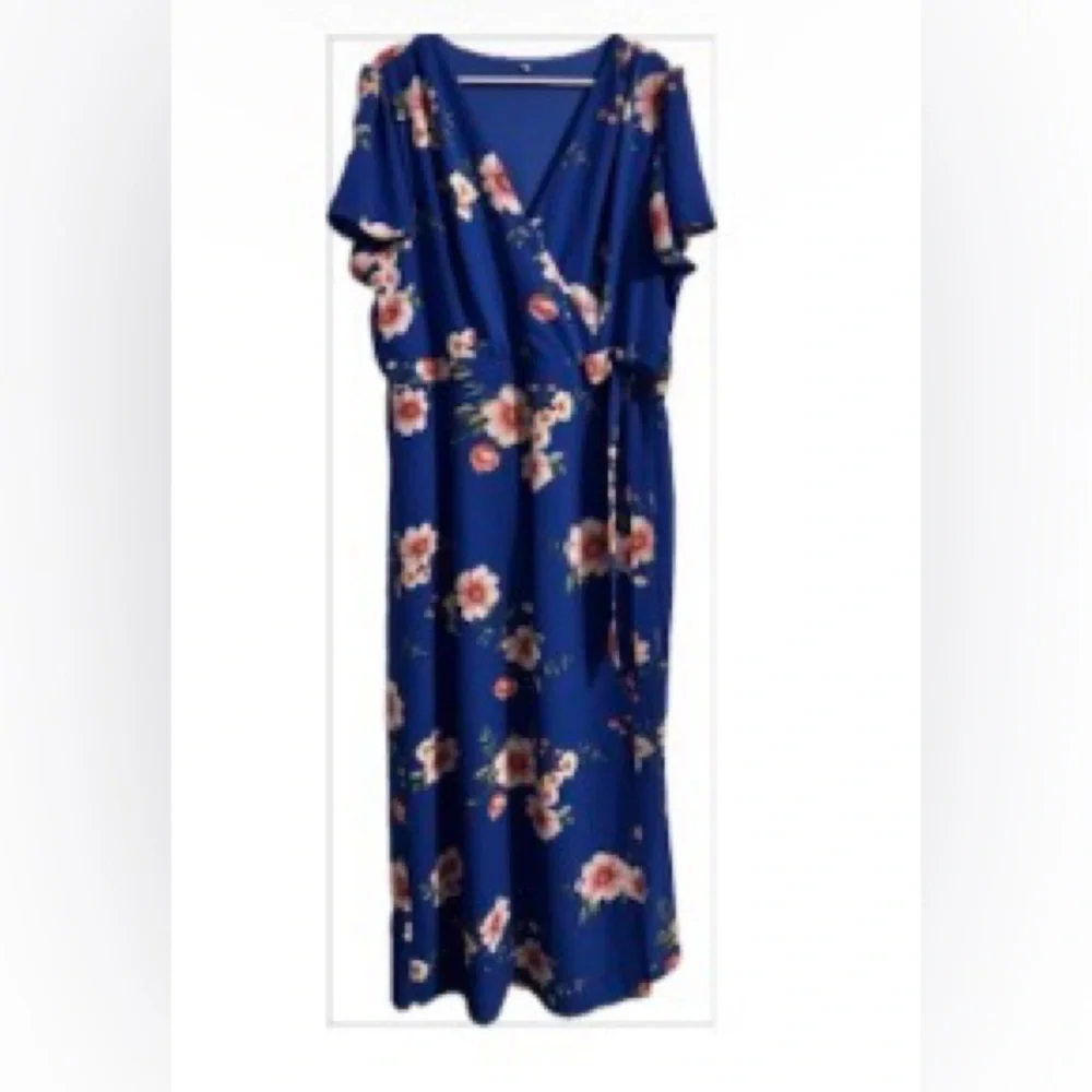 Vibrant Floral Dress 18/20 Blue & Botanical Pinks Faux-wrap Midi - Picture 5 of 11